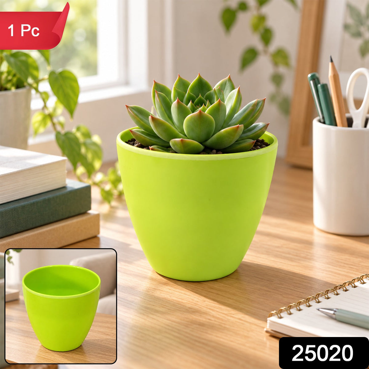 A green plastic pot with a succulent plant on a wooden desk, with a red "1 Pc" label and a black "25020" label in the