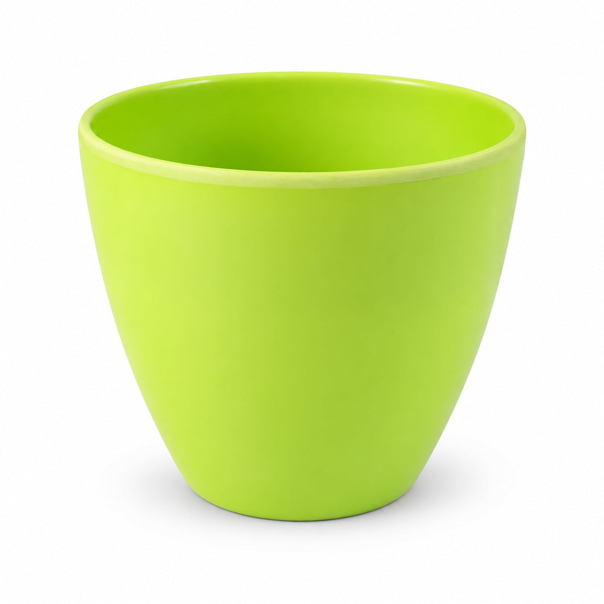 A single, empty, bright green plastic pot with a smooth, glossy surface against a plain white background.