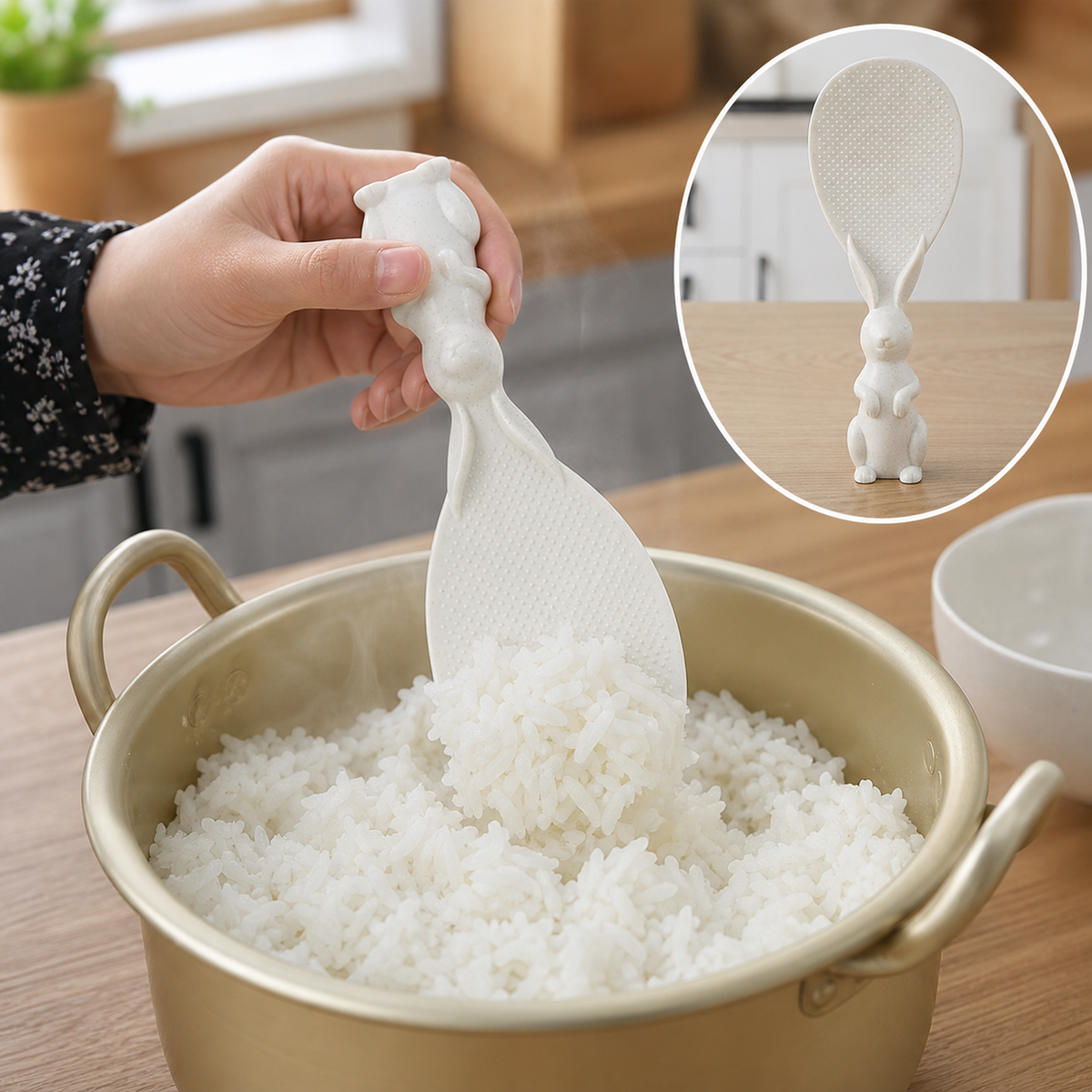 A hand holds a white bunny-handled rice spoon, scooping white rice from a gold pot; an inset shows the spoon upright.