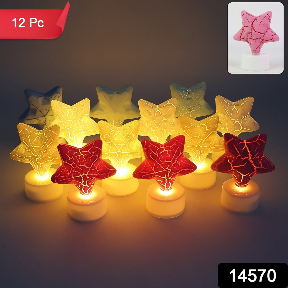 Twelve glowing star-shaped LED tealight candles in red, yellow, and blue, with a pink star inset at the top right.