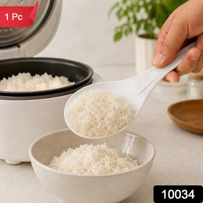 A hand scoops white rice with a white paddle from a rice cooker into a bowl, with a red "1 Pc" label.