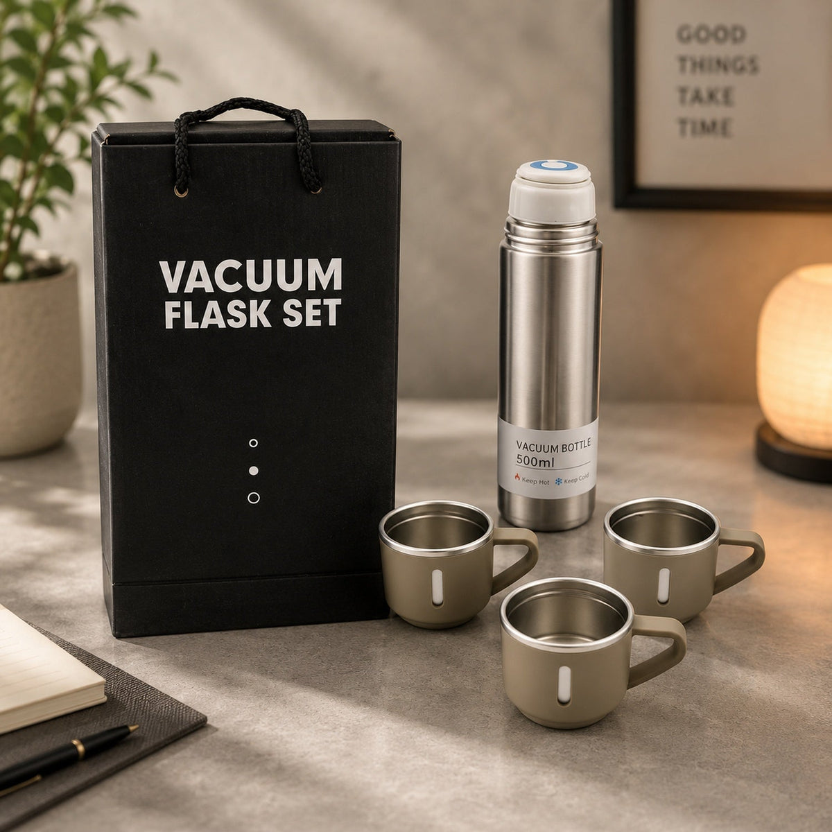 A black gift bag labeled "VACUUM FLASK SET" stands next to a silver flask and three beige mugs on a desk.