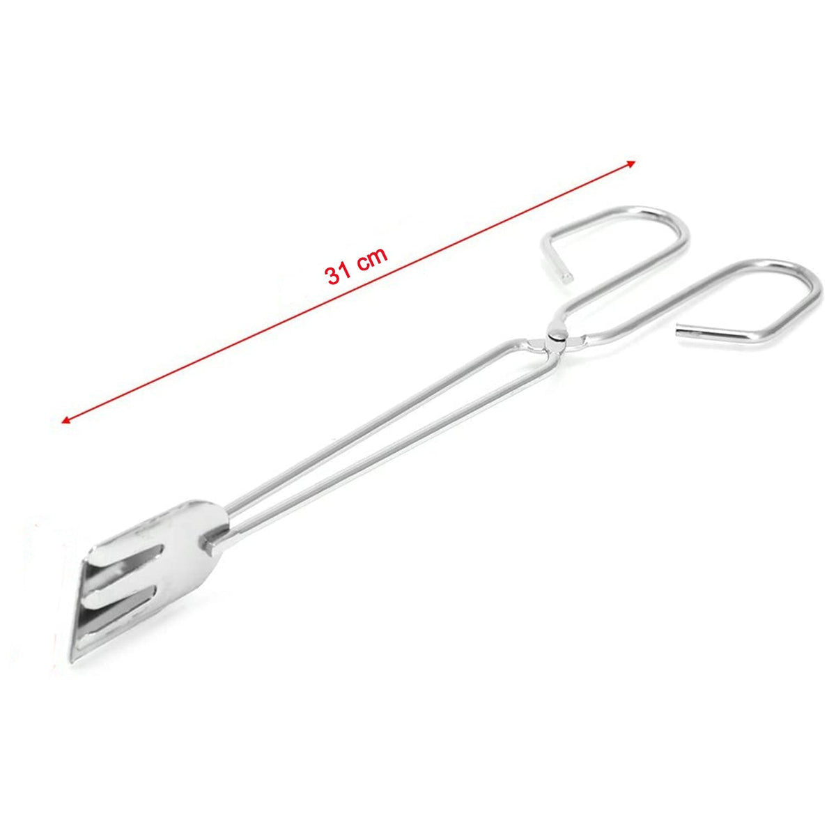 A pair of silver stainless steel tongs with a red line indicating a length of 31 cm on a white background.