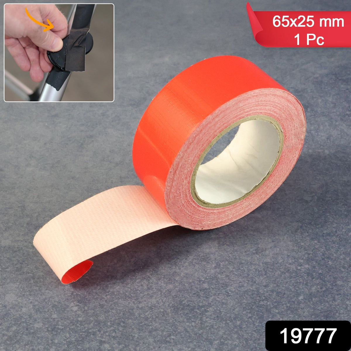 A roll of red tape with a small inset showing a hand applying black tape to a metal bar.