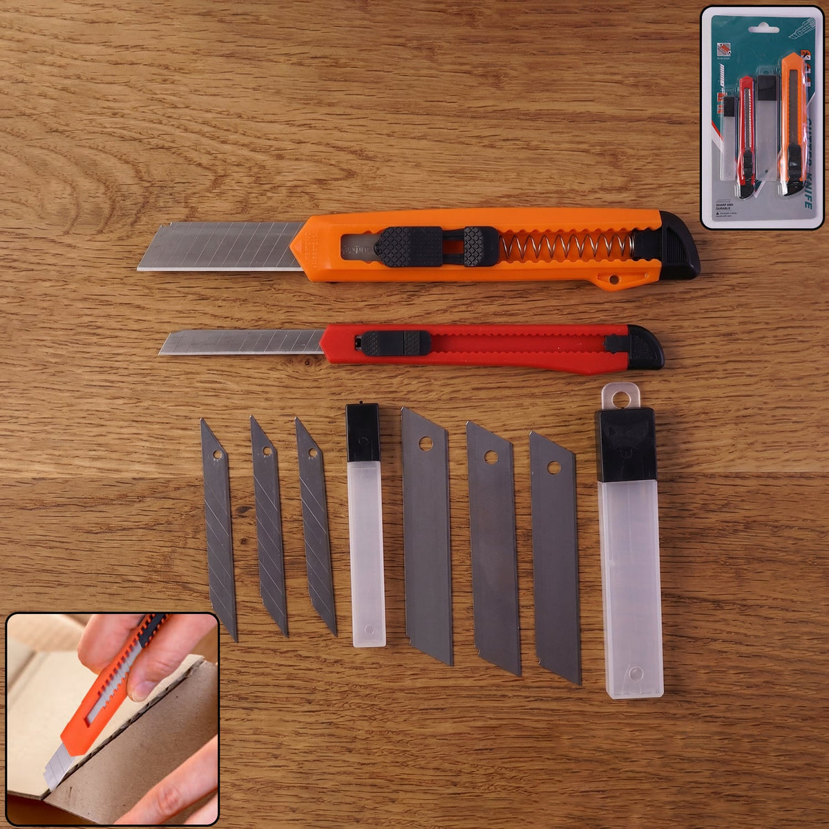 Two utility knives, one orange and one red, with extra blades and storage cases, on a wooden surface. – view 3