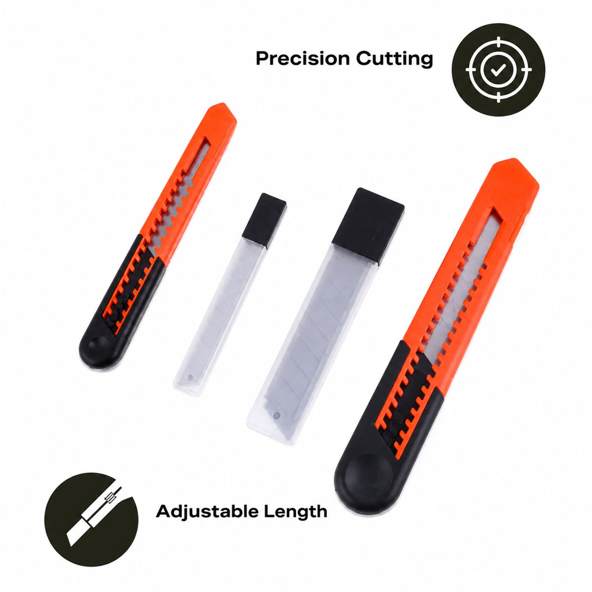 Two orange utility knife handles with two blade storage cases on a white background, with text overlays.