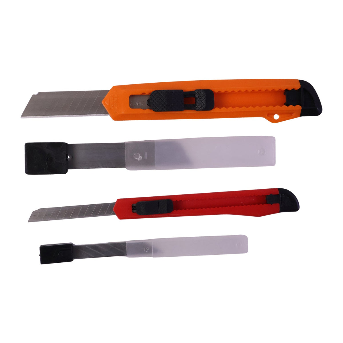 An orange utility knife with blade extended and a red utility knife with blade extended, with two blade storage cases.