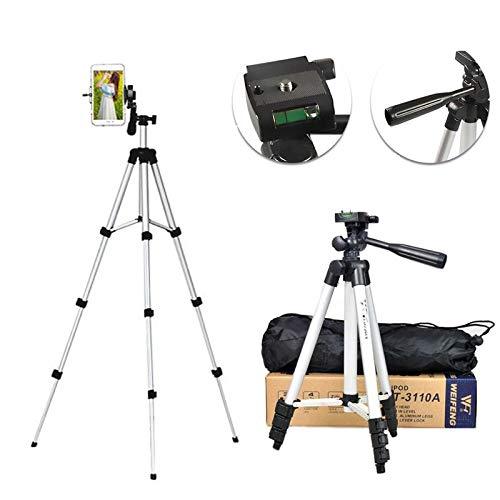 Two tripods are shown; one holds a phone, and the other is next to its box and carrying bag.