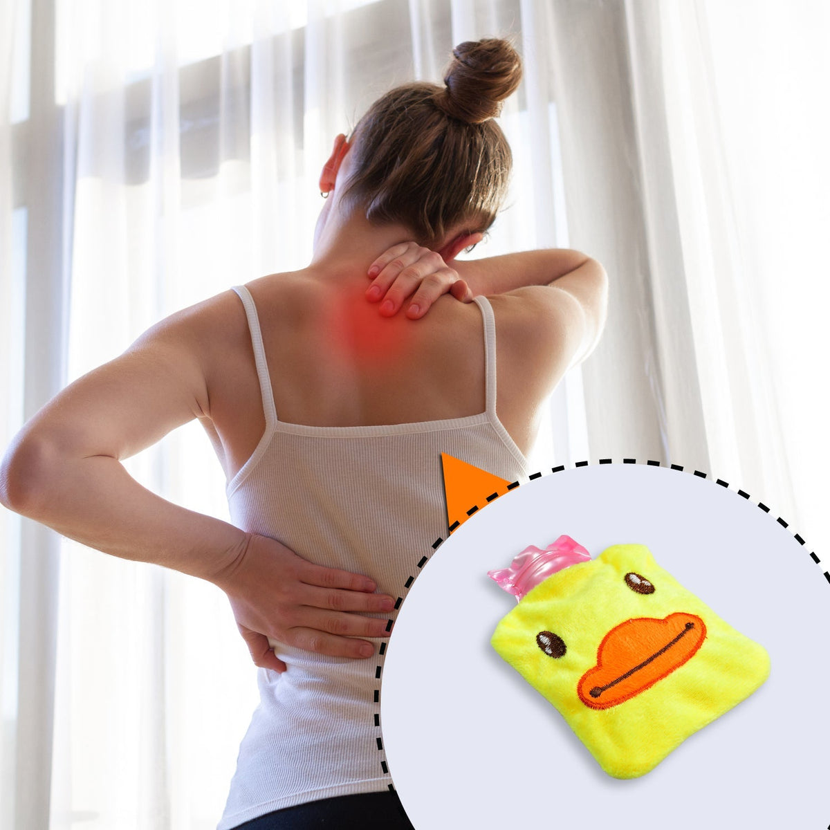 A woman with back pain, highlighted in red, with an inset of the yellow duck hot water bottle.