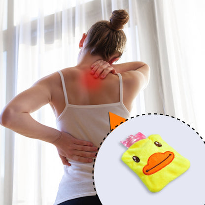 A woman with back pain, highlighted in red, with an inset of the yellow duck hot water bottle.