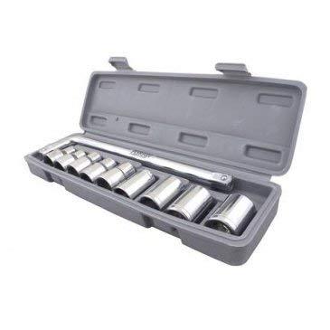 An open grey plastic case with a 10-piece chrome socket wrench set is angled on a white background.
