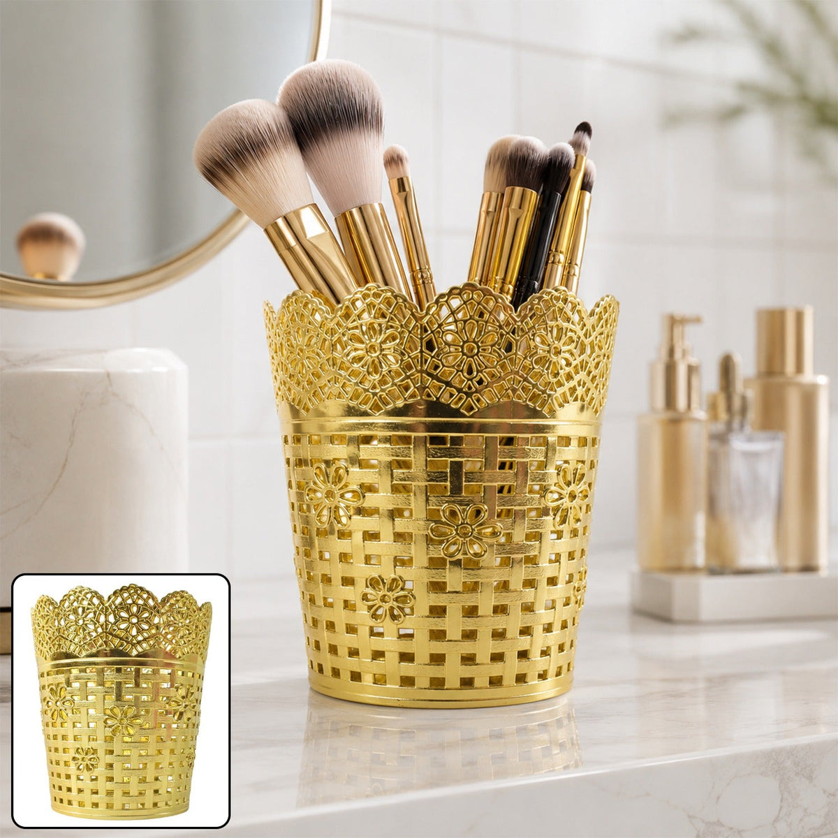 A gold ornate plastic desk organizer filled with makeup brushes on a bathroom counter.