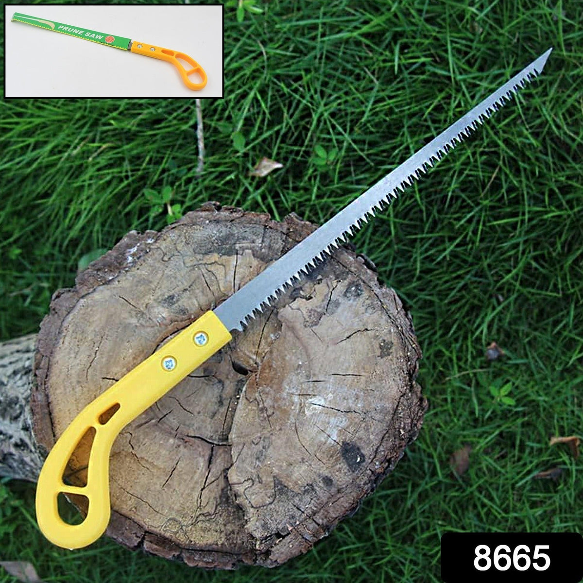 A yellow-handled pruning saw rests on a tree stump with green grass in the background.