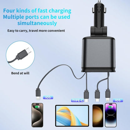 4 in 1 Super Fast  120W  Car Phone Charger | 180° Adjustable Type C & iPhone Car Adapter |Retractable Cable and 2 USB Ports