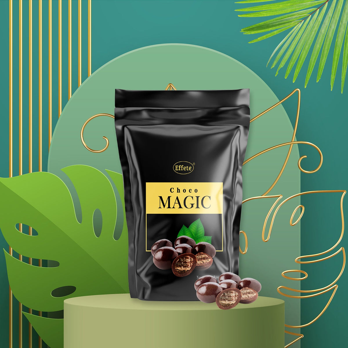 Effete Crunchy Chocolate Bites pouch with ingredients visible, perfect sweet chocolate snack.