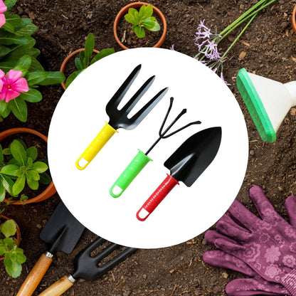A circular inset displays a yellow fork, green cultivator, and red trowel, with gardening gloves and potted plants in the
