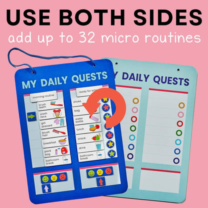 Two blue magnetic daily quests boards, one with task magnets and a red arrow indicating the double-sided feature, on a pink