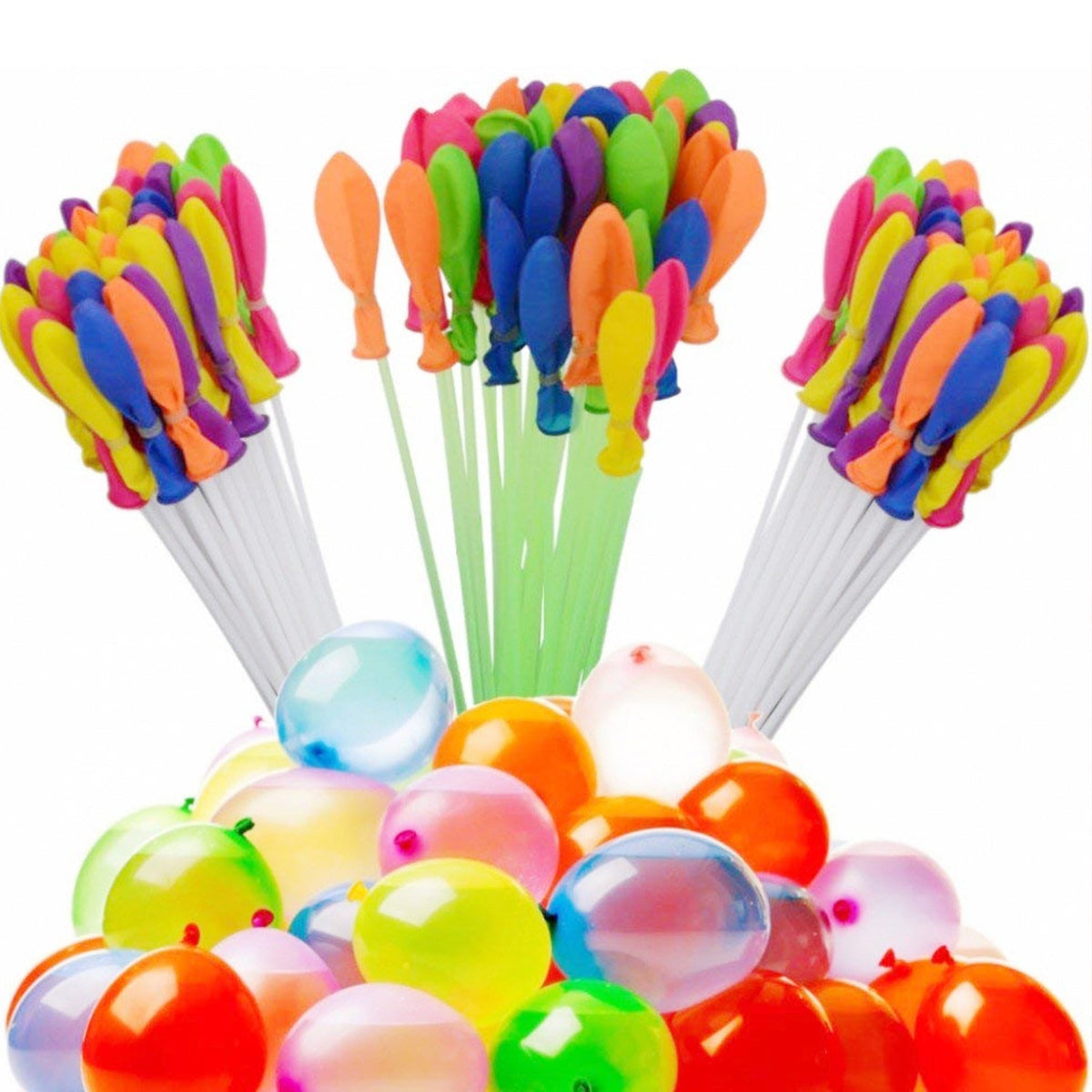 Three bunches of colorful self-tying water balloons with various colored balloons scattered below.