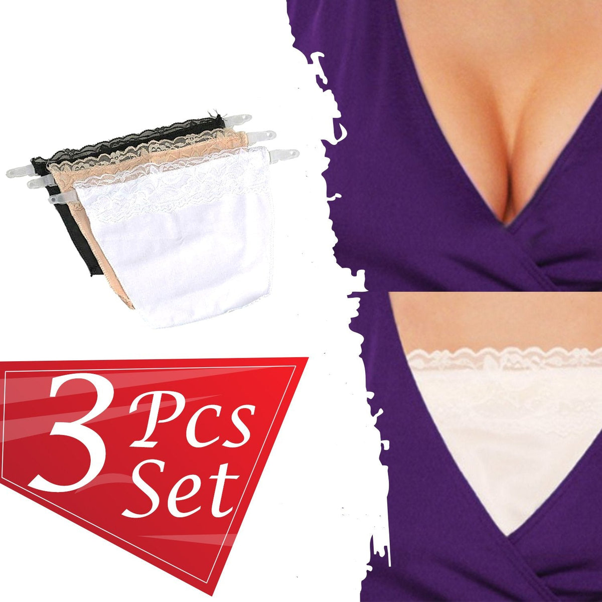 Three camisoles and two in-use examples, showing a purple top with and without a white camisole.