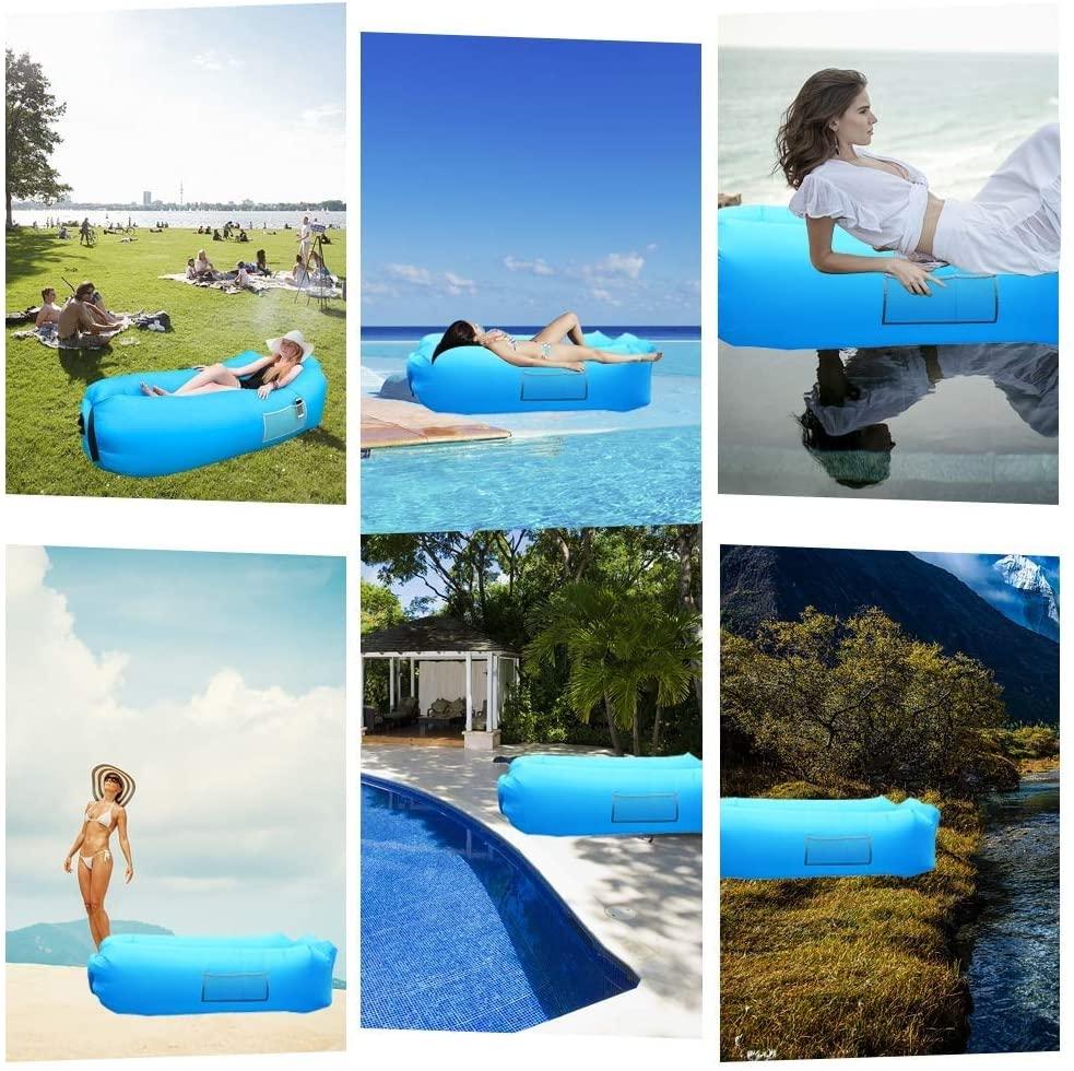 A collage of six images shows the blue inflatable lounger being used in various outdoor settings like a park, pool, beach,