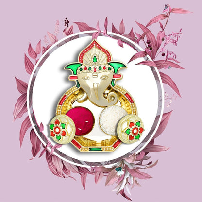 A golden Ganesh pooja thali with two small round containers, one filled with red powder and the other with white – view 6