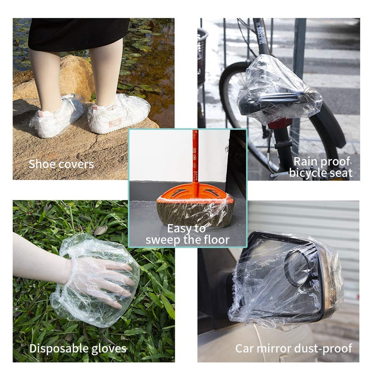 Five square images showing various uses: shoe covers, bicycle seat, sweeping, gloves, and car mirror.