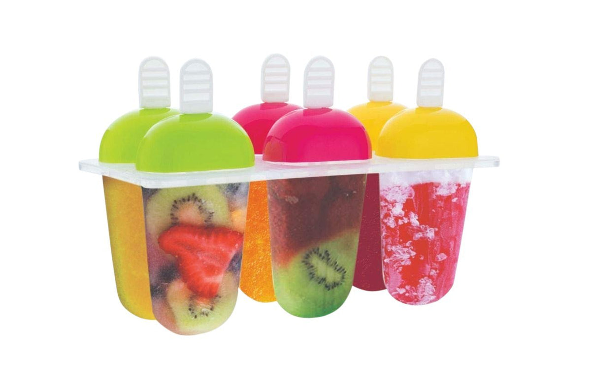 A 6-piece ice candy mold with colorful fruit popsicles stands on a white background.