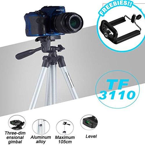 A blue camera is mounted on a silver and black tripod, with insets showing features like the level and phone holder.