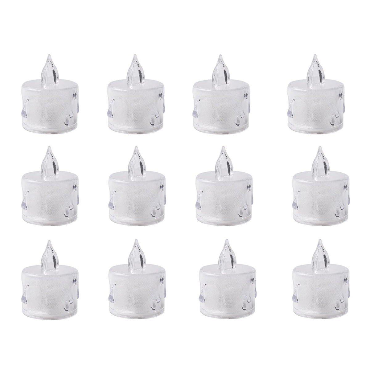 Twelve clear plastic flameless LED tealight candles with clear plastic flames, arranged in rows on a white background.