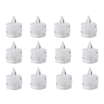 Twelve clear plastic flameless LED tealight candles with clear plastic flames, arranged in rows on a white background.