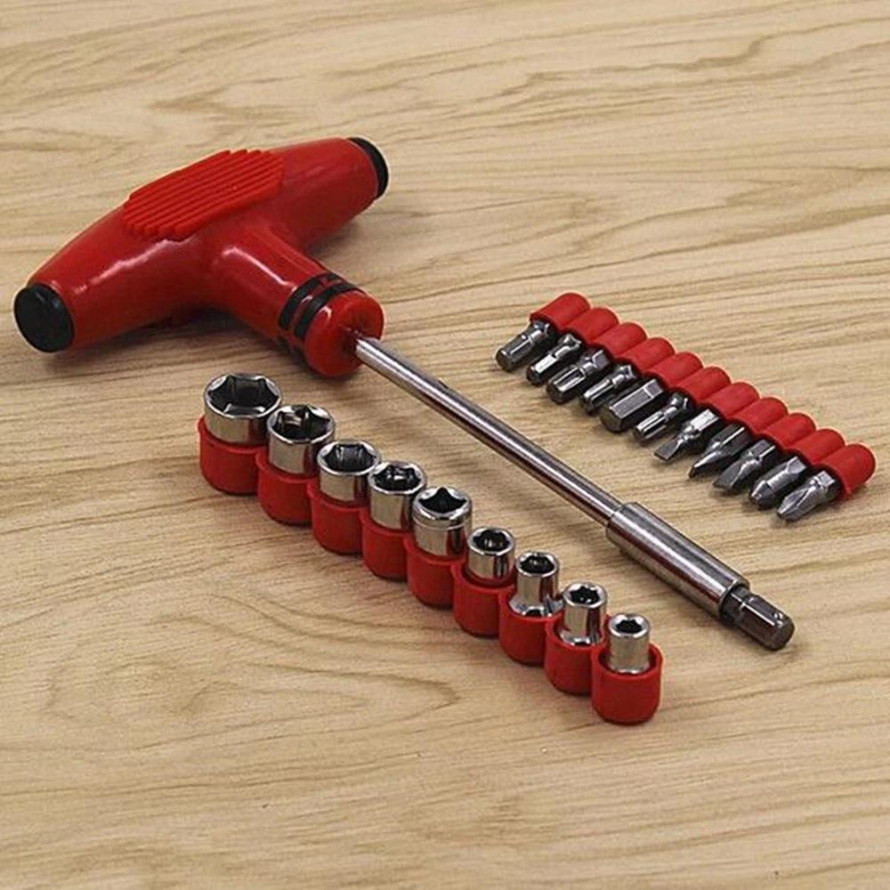 A 21-piece T-shape ratchet socket set with red handles and silver bits, on a light wooden surface.