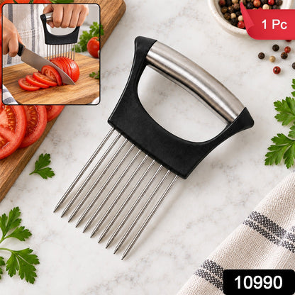A black and silver onion holder on a white marble counter, with an inset showing it in use slicing a tomato.