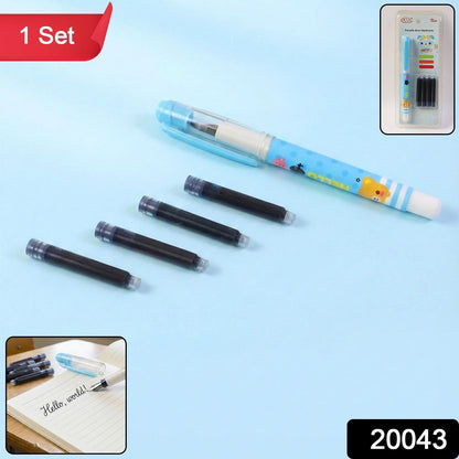 A light blue cartoon animal fountain pen with four black ink cartridges on a plain blue background.