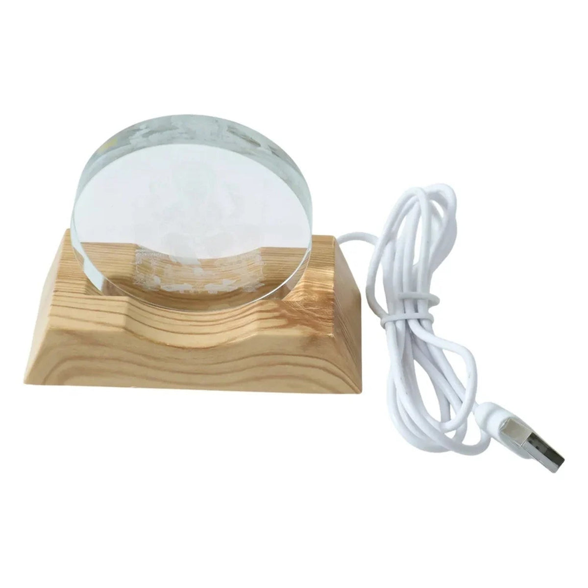 Unlit Ganesha 3D illusion lamp with a clear acrylic panel, wooden base, and white USB cable.