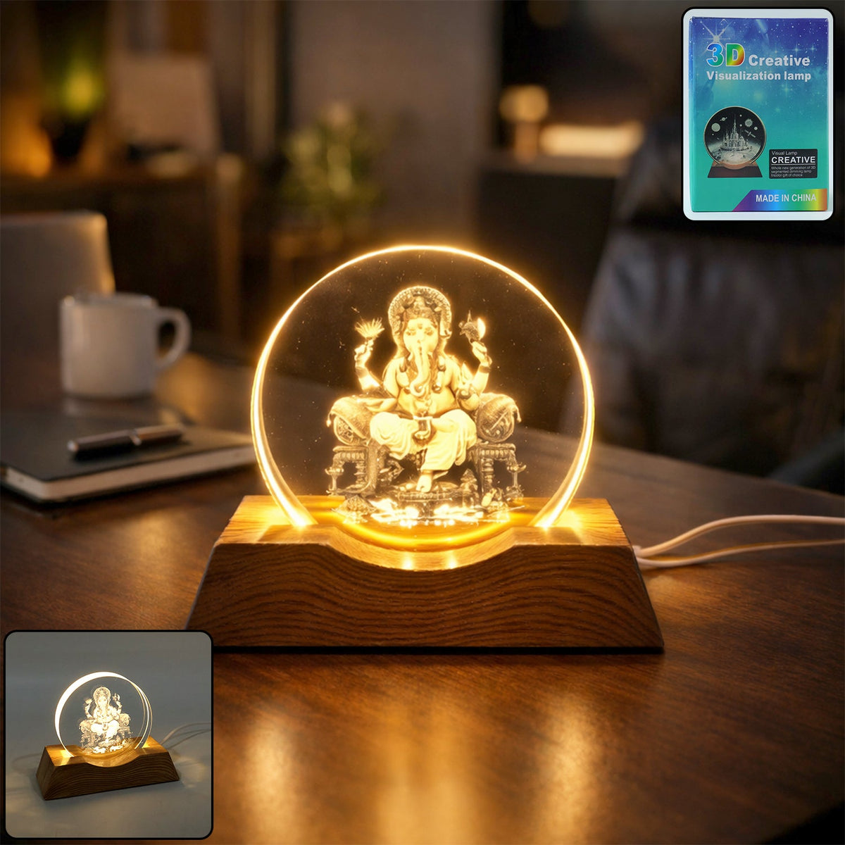 Illuminated Ganesha 3D illusion lamp on a wooden base sits on a desk in a dimly lit room.