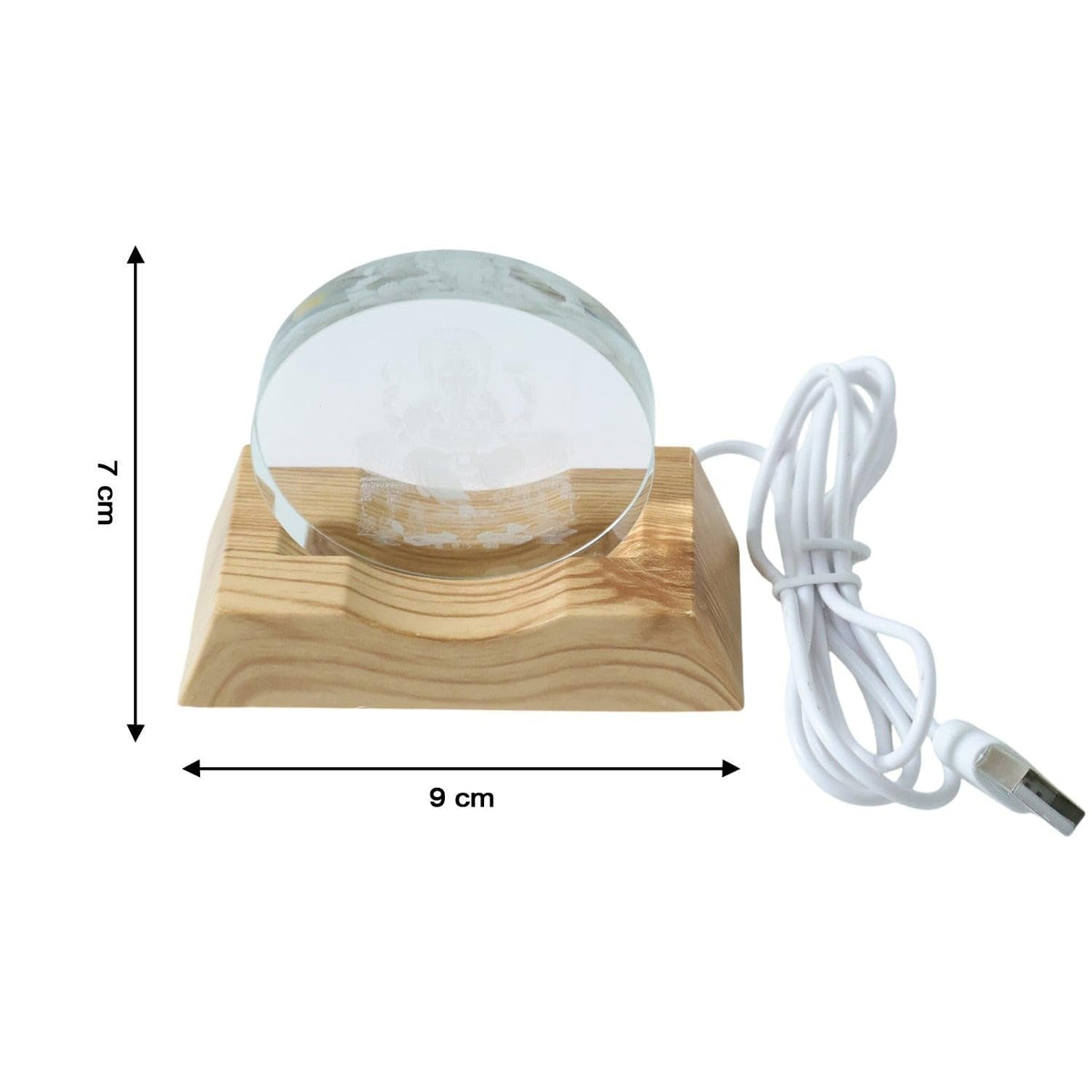 Unlit Ganesha 3D illusion lamp with a clear acrylic panel, wooden base, and white USB cable, showing dimensions.