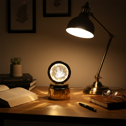 A golden-based Ganpati 3D crystal light illuminates a desk with books, a pen, glasses, and a dark task lamp.