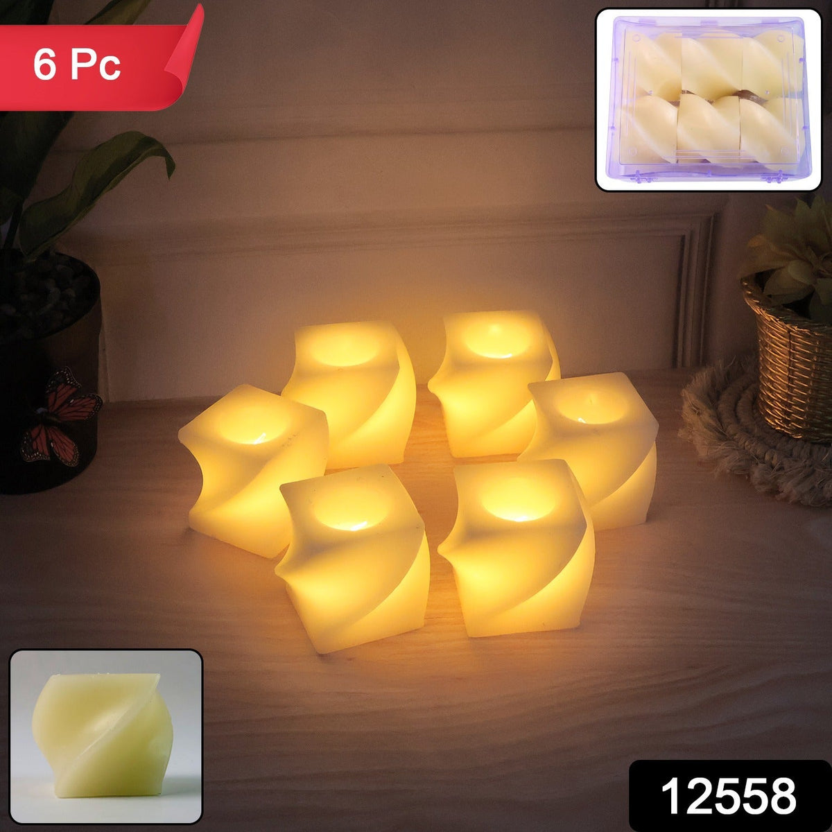Six cream-colored flameless LED candles with a twisted design glow on a wooden surface, with an inset showing them packaged.