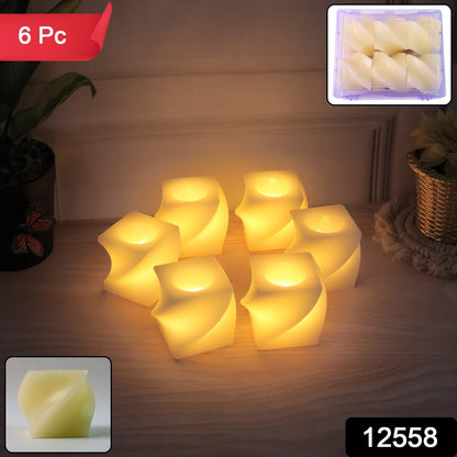 Six cream-colored flameless LED candles with a twisted design glow on a wooden surface, with an inset showing them packaged.
