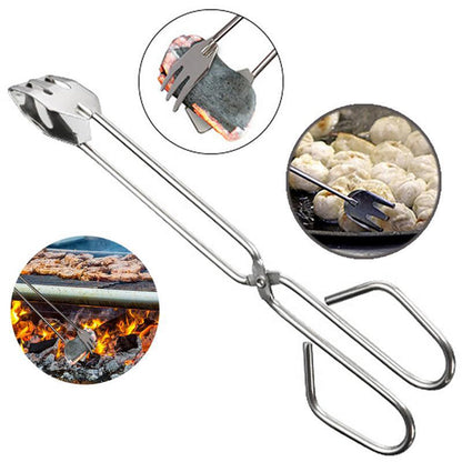 Stainless steel tongs with three circular insets showing it used for grilling meat, hot coal, and dumplings.