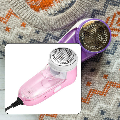 Pink corded lint remover in an inset, with a purple lint remover on a grey patterned sweater.