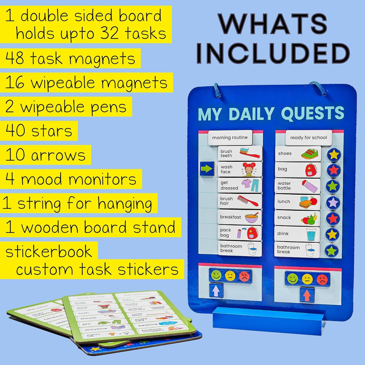 A blue magnetic daily quests board with task magnets and a list of included items like 48 task magnets and 40 stars on a