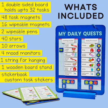 A blue magnetic daily quests board with task magnets and a list of included items like 48 task magnets and 40 stars on a