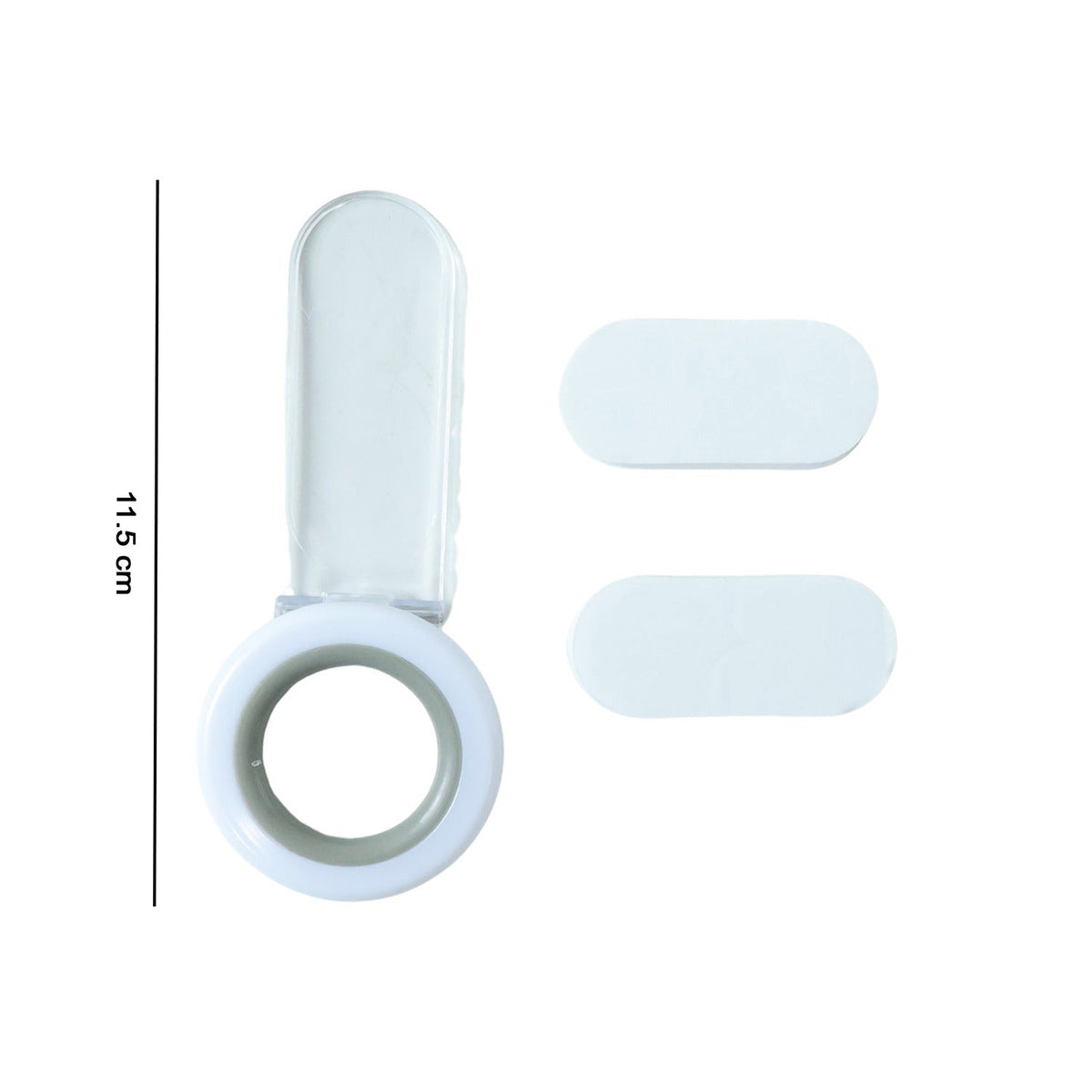 A white and gray toilet seat lifter with a clear handle and two white oval adhesive pads, with a 11.5 cm measurement beside
