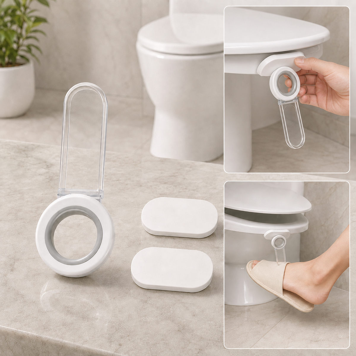 A white and gray toilet seat lifter with two white adhesive pads on a tiled bathroom floor, next to a toilet.