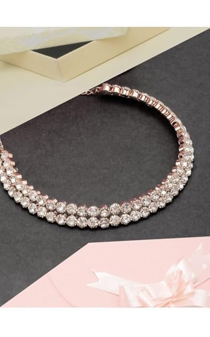 Sovely Rhinestone Crystal Choker Necklace Beautiful 2 Layered White Stone Choker Gold Plated Necklace With Earring For Women And Girls Jewellery Set, Classic Style Cubic Zirconia Studded