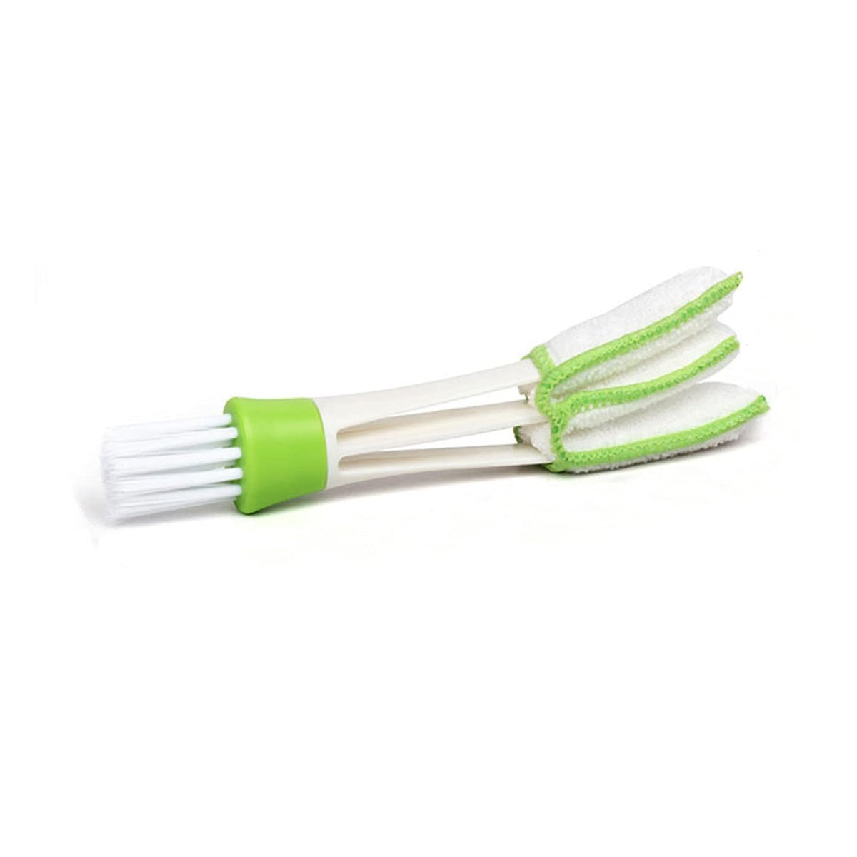 A white and green 3-in-1 cleaning brush with a microfiber duster and a brush head on a white background.