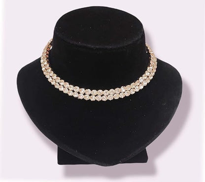 Sovely Rhinestone Crystal Choker Necklace Beautiful 2 Layered White Stone Choker Gold Plated Necklace With Earring For Women And Girls Jewellery Set, Classic Style Cubic Zirconia Studded