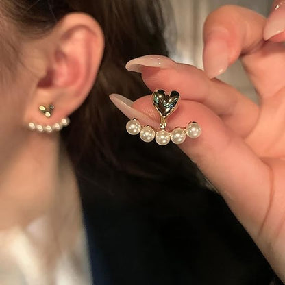 Combo Of Attractive and Stylish Water Drop Long Pearl Earrings Danglers and Gold Tone White Pearls Small Heart Ear Jacket Fashion Ear Stud Earrings For Women Girls Faux Pearl Love Heart Ear Studs