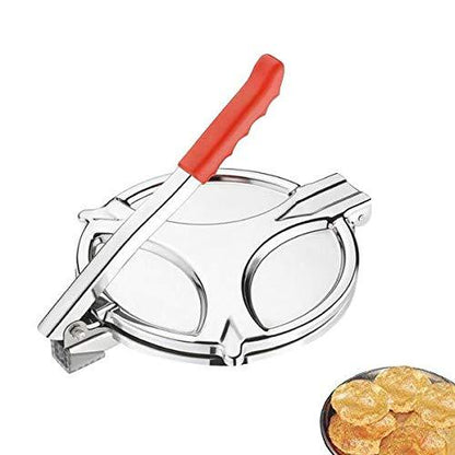 A stainless steel puri press with a red handle is shown with a plate of golden fried puris in the corner.